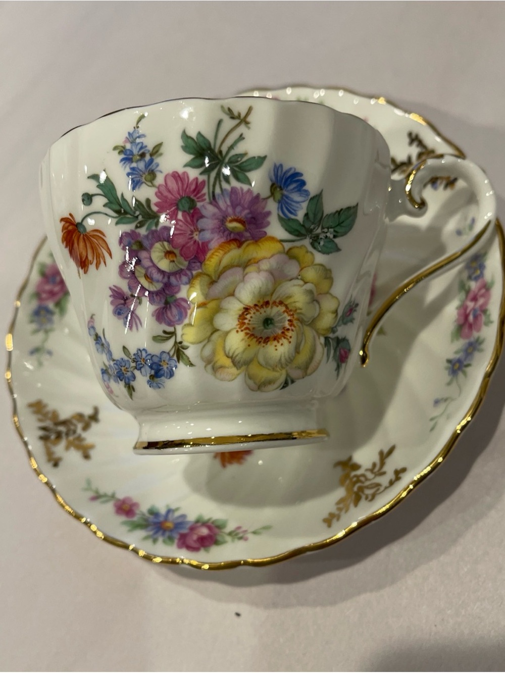 aynsley-england-spiral-with-cabbage-rose Tea Cup With Saucer, VTG Bine China